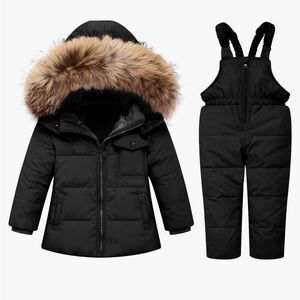 NWT  Winter Warm Hooded Fur trim Snowsuit Puffer Jacket with Snow Ski Bib Pants